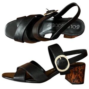 Sole Society Black Leather Sandals with Tortoiseshell Block Heel